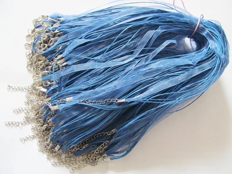 Free Shipping 20pcs 18inch Blue Organza Ribbon Wax Cotton Necklace Cord,Extender Chain,Lobster Clasp,DIY Accessory