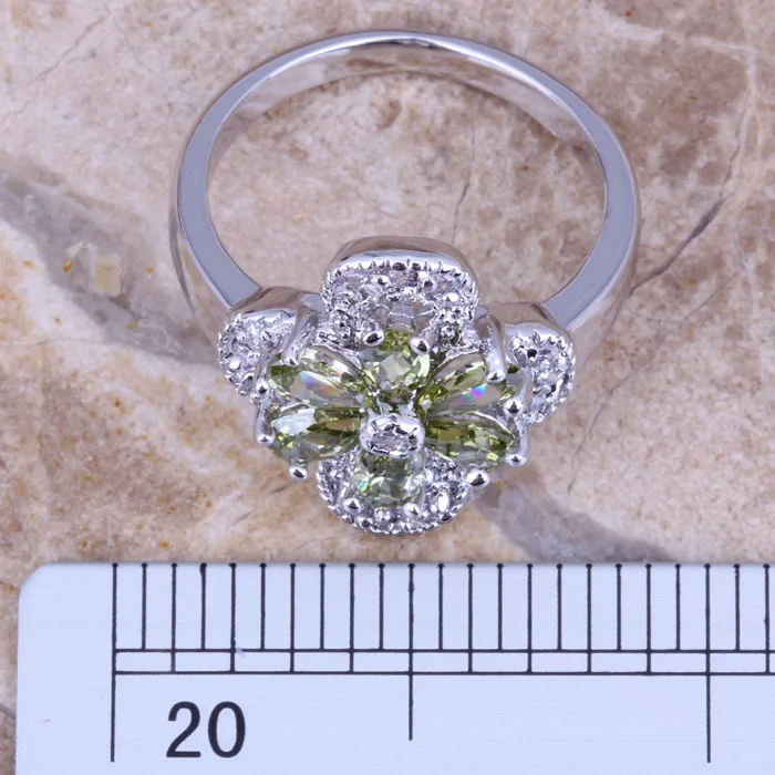 Smooth Green Peridot White CZ Silver Plated Stamped Flower Ring Size 6 / 7 / 8 / 9 R0187