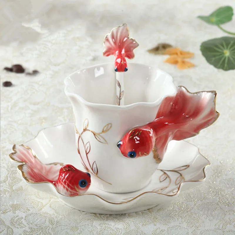 Goldfish Enamel Coffee Cup With Saucer Spoon Hadmade 3D Ceramic Tea Milk Mugs Set Breakfast Water Bottle Christmas Lover Gifts