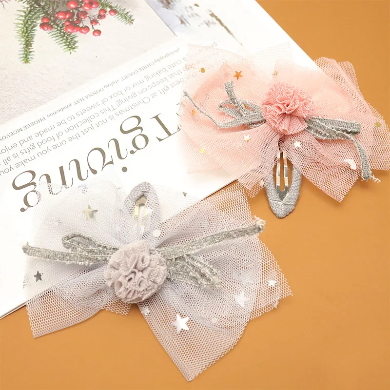 

Boutique 10pcs Fashion Cute Glitter Bow Snap Clips Tulle Pom Pom Bowknot Barrettes Hairpins Princess Headwear Hair Accessories