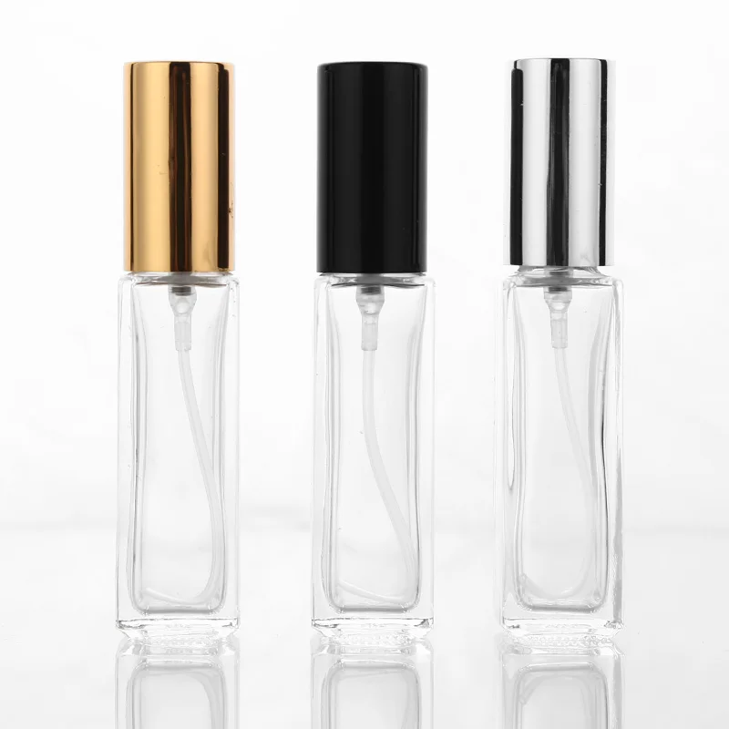 10pcs/lot 10ml Transparent Thin Glass Spray Bottle Sample Glass Vials Portable Mini Perfume Atomizer Gold Silver black Cap