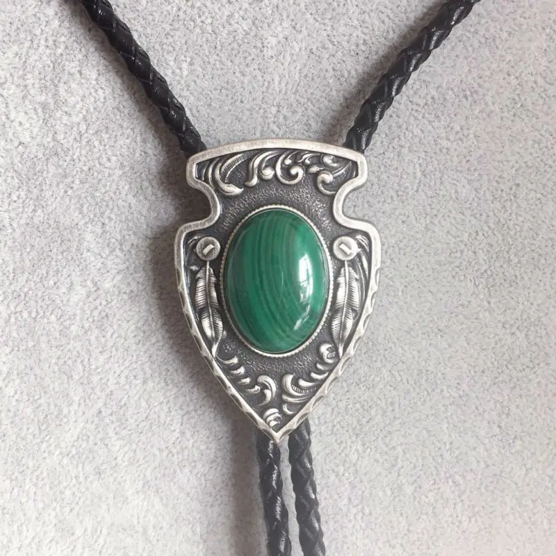 Vintage Silver Plated Arrow Nature Malachite Stone Bolo Tie Leather Necklace