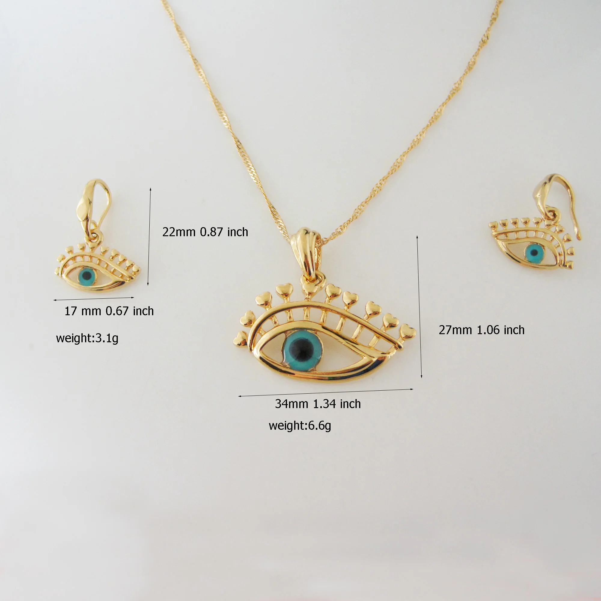

YELLOW GOLD PLATED VIVID EVIL EYE CAN PROTECT FROM EVIL THING ENAMEL PENDANT 18" WATER WAVE CHAIN NECKLACE EARRING SET