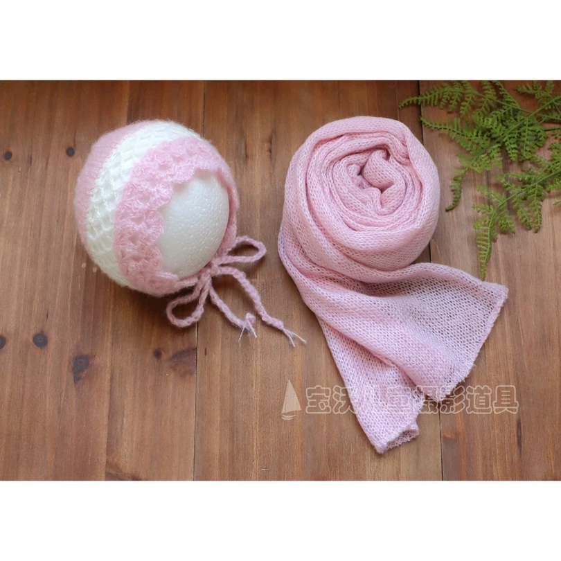 Crochet mohair lace Bonnet Newborn moahir wrap set Photography props Baby swaddle blanket layer fabric