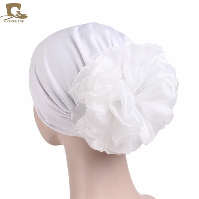 Women\'s Hijabs Big Flower Turban Hair Accessories Elastic Cloth Hair Bands Hat Beanie Ladies Muslim Solid Hair Loss Scarf Cap