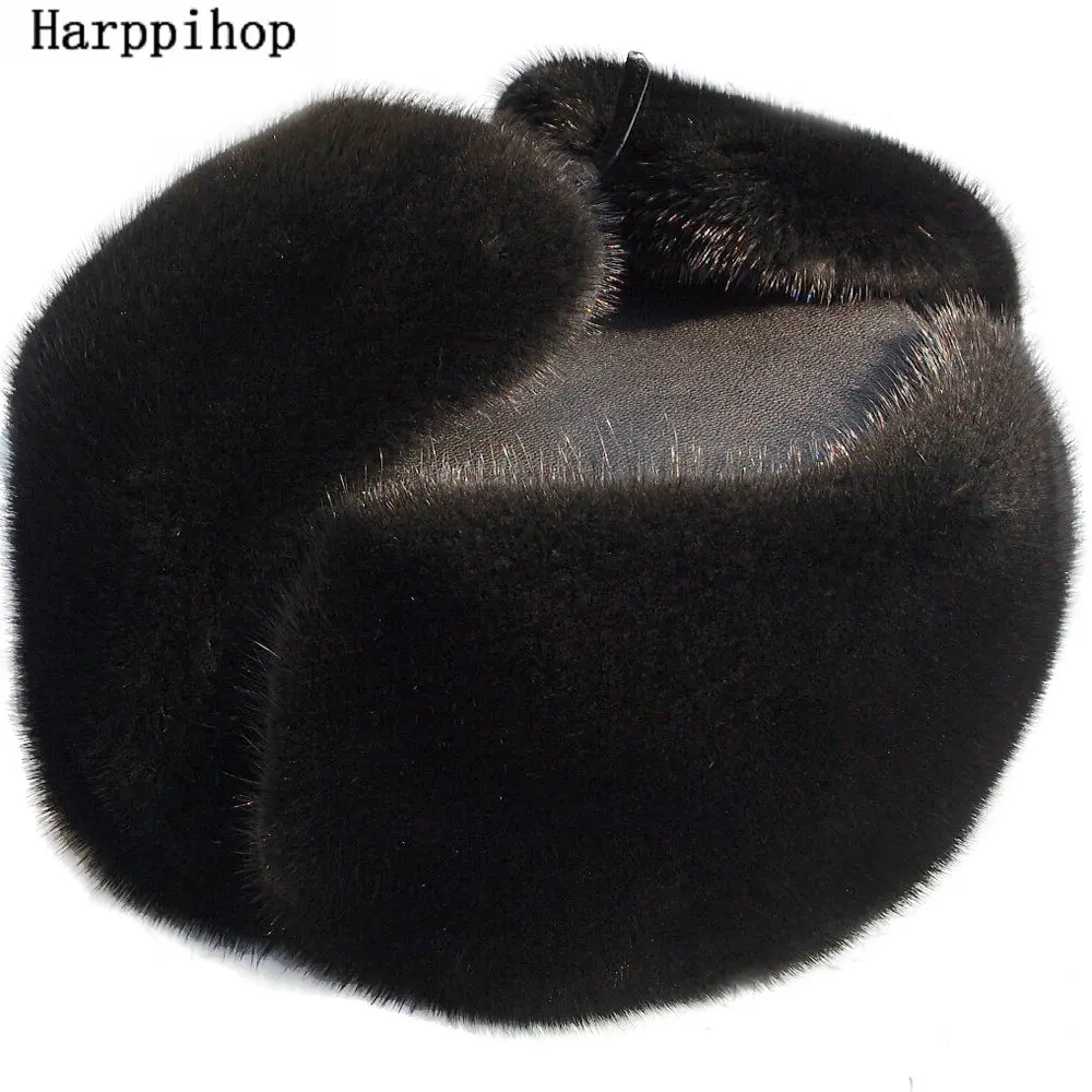 

Autumn and winter Men's Mink Fur Hats Russian male quality black mink hair ear Real leather hat