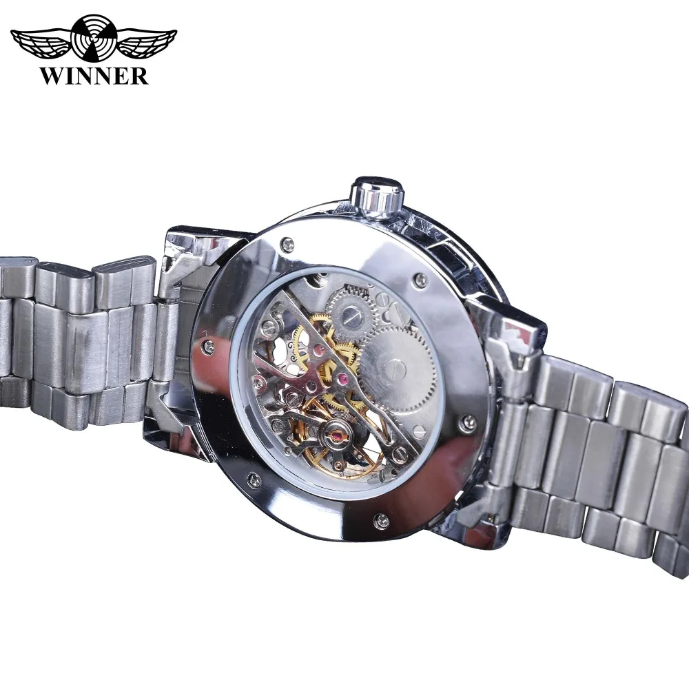 Winner Blue Watches Diamond Design Skeleton Men's Mechanical Wrist Watches Clock Male Luminous Hands Silver Stainless Steel