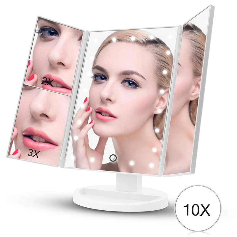 DONWEI 22 LED Touch Screen Makeup Mirror 1X 2X 3X 10X Magnifying Mirrors 4 in 1 Tri-Folded Desktop Makeup Mirror Lights