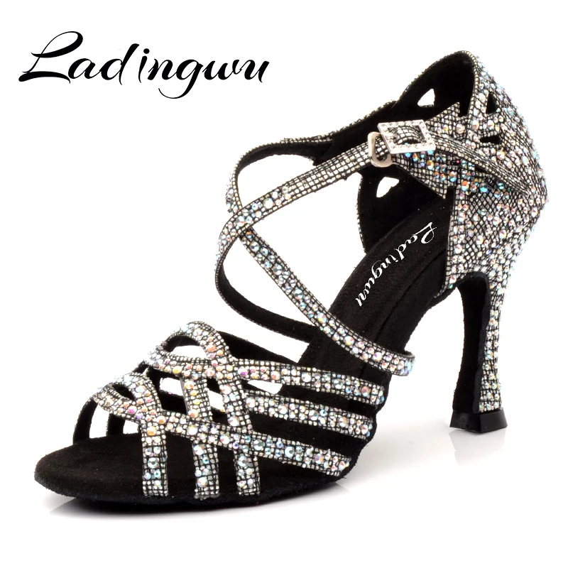 Ladingwu Zapatos De Baile Professiona Black Lady Dancing Shoes Black plaid flash High Heel Salsa Latin Ballroom Rhinestone Dance