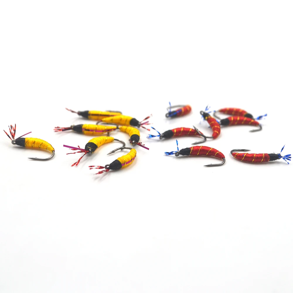 MNFT 10Pcs Yellow and Red Nymph Pupae Fly Fishing Trout Flies Lures Zebra Copper Wire Tied Artificial Lure Baits