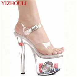 Stylish super star shoes, 17 cm high heels, transparent summer platforms, transparent decor, sandals