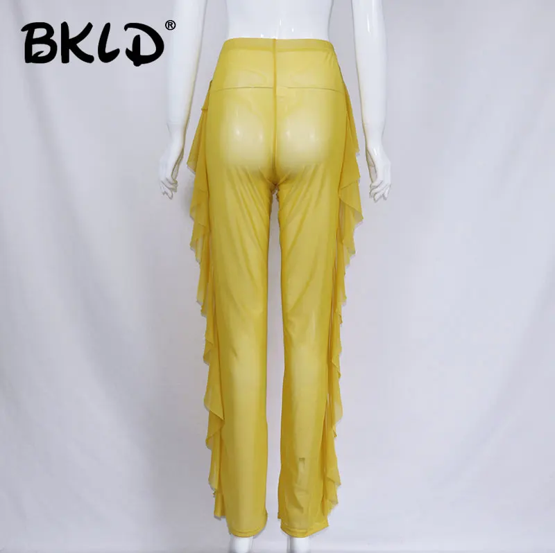 BKLD Summer New Ruffle Trousers For Women Wide Leg Pants Female Bottoms High Waist Casual Womens Beach Transparent Mesh Pants