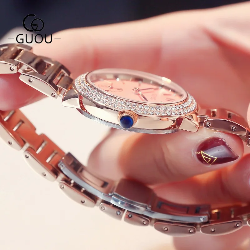 Luxury Fashion Lady Quartz Watch female Round pink zircon stone dial second eye wrist Watch Waterproof Steel watchband G8141