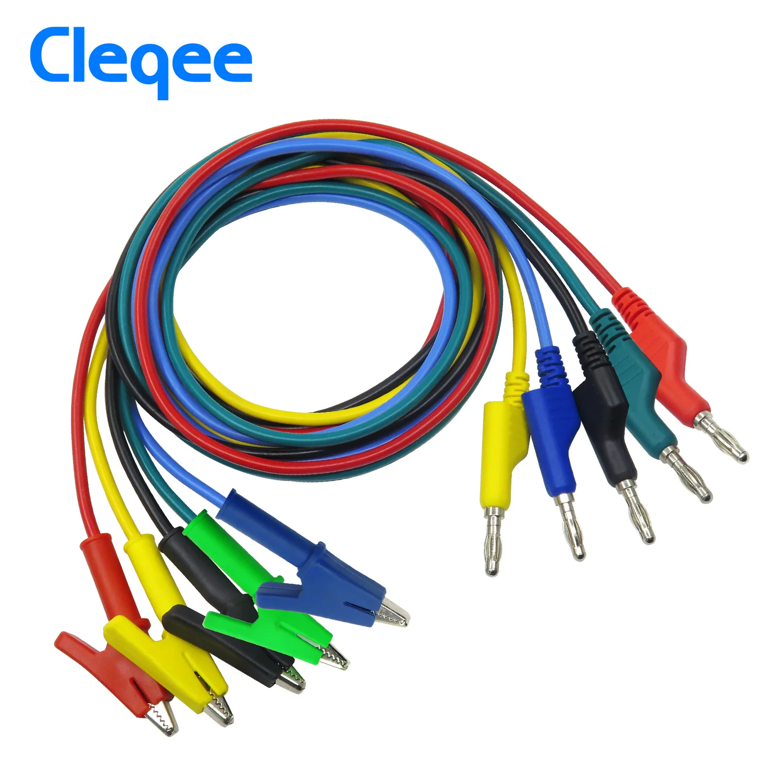 

Cleqee P1037 1Set 5Pcs 1M 4mm Banana Plug to Alligator Clip Crocodile Test Probe Lead Wire Test Cable