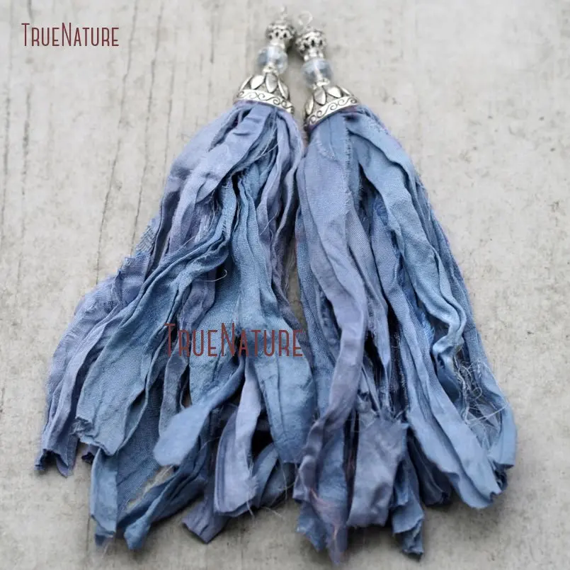 

Wholesale Boho Cerulean Sari Silk Tassel Pendant Oxidized Antique Silver Color Chic Ornament Crystal Beads In 6.8 inch PM8970