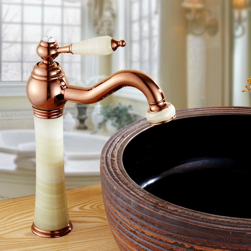 

Whosale European copper White jade marble style basin faucet, Antique wash basin faucet hot and cold mixer tap rose gold