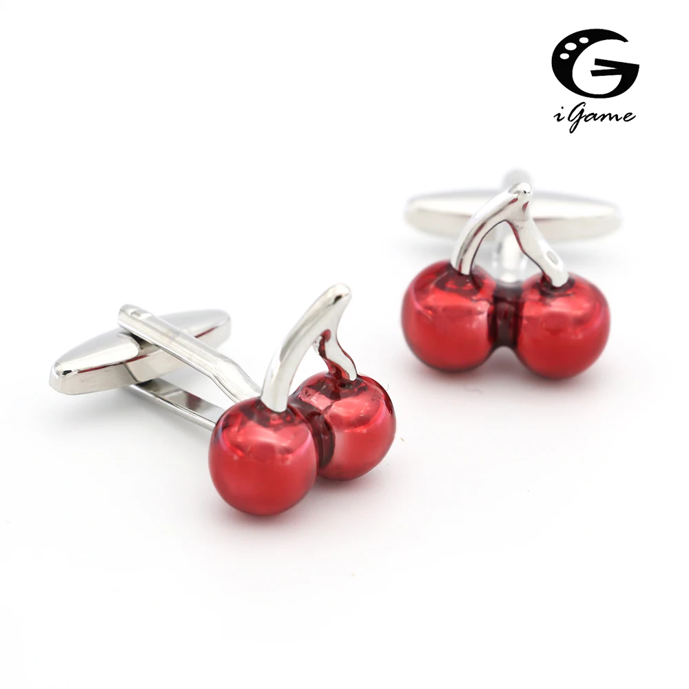 iGame Cherry Cuff Links Red Painting Cute Fruit Design Quality Brass Shirt Cuflinks For Men Free Shipping