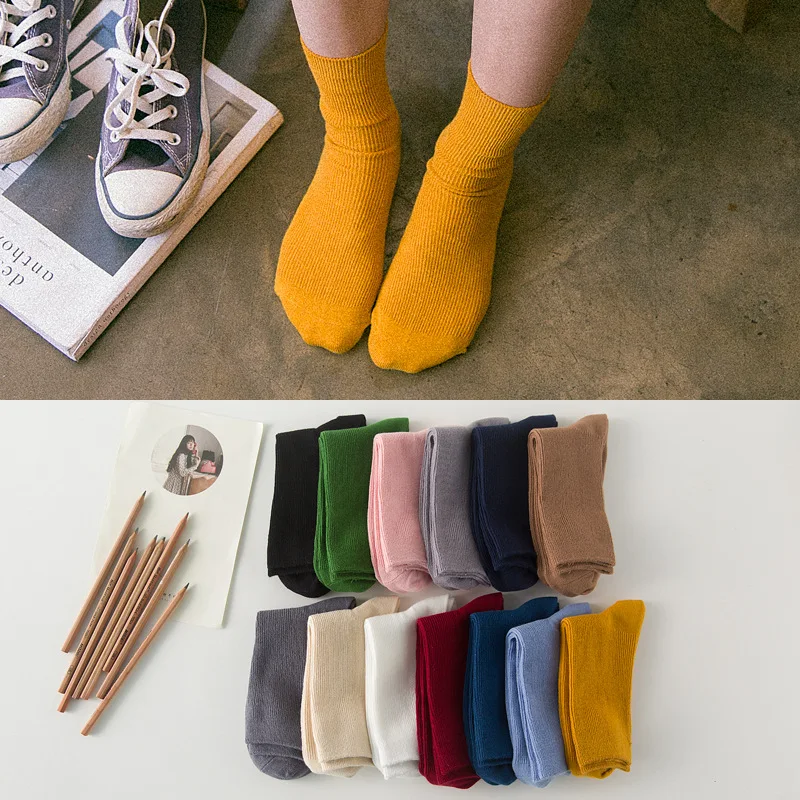 New Autumn Solid Socks For Women Knitted Stretchy Orange Sokken Female Cotton Casual Calcetines Mujer Girls Green Sock Meias