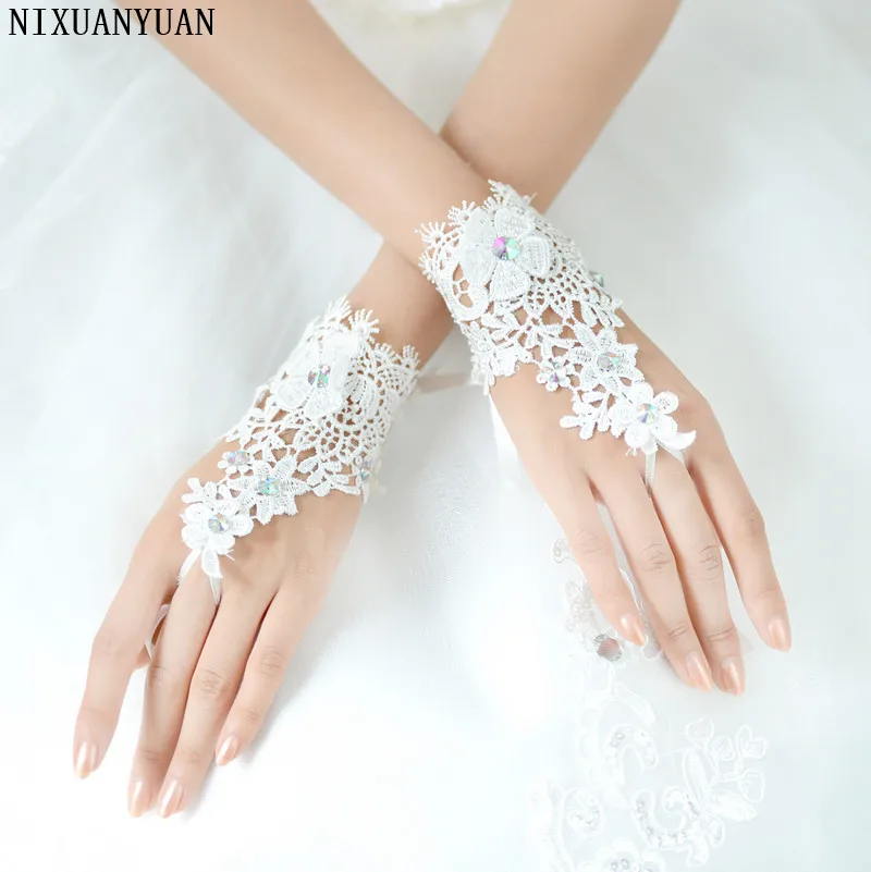 NIXUANYUAN-guantes de boda de encaje sin dedos, guantes de novia blancos, marfil, con anillo, pulsera, gran oferta, 1 par