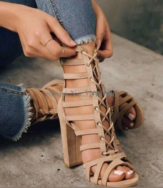 Apricot Suede Hollow Out Thick Heel Sandals Narrow Band Cross Tied High Heel Sandals Lace Up Casual Women Summer Shoes New