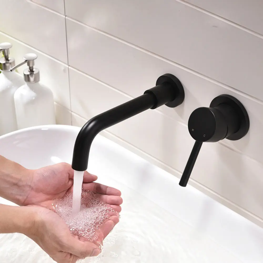 

FREE SHIPPING Solid Brass Wall-Mounted Mixer Tap Lavatory Sink Faucet Single Handle in Black
