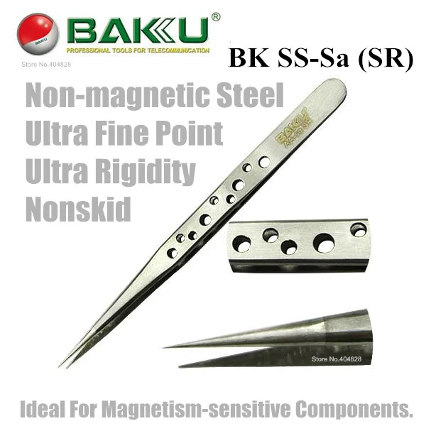 BK SS-Sa (SR) Nonskid Stainless Long Nose Tweezer,Ultra Rigidity and Ultra Fine Point,Non-magnetic Steel