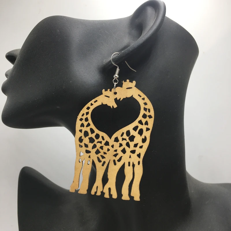 Laser cut giraffe Heart Wood Earrings