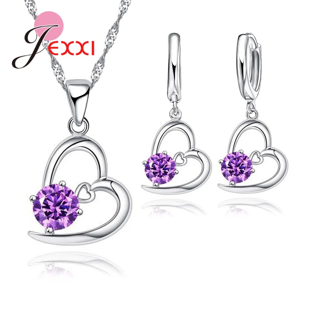 Ensembles de bijoux romantiques en argent regardé 925 pour femmes, joli collier en cristal CZ, pendentif et boucles d'oreilles, Saint Valentin et mariage