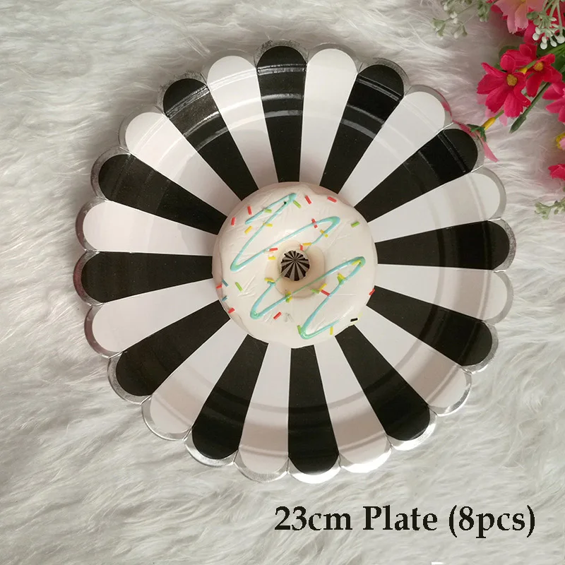 Black Stripe Party Plate Cups Paper Straw Disposable Tableware Sets Wedding Kids Birthday Decor Children Picnic Favors Supplies