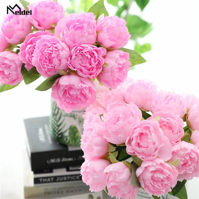 Meldel Bridal Wedding Boeket Kunstzijde Rose Peony 7 Heads Bloem Roze Bruidsmeisje Boeket DIY Party Prom Bruiloft Benodigdheden