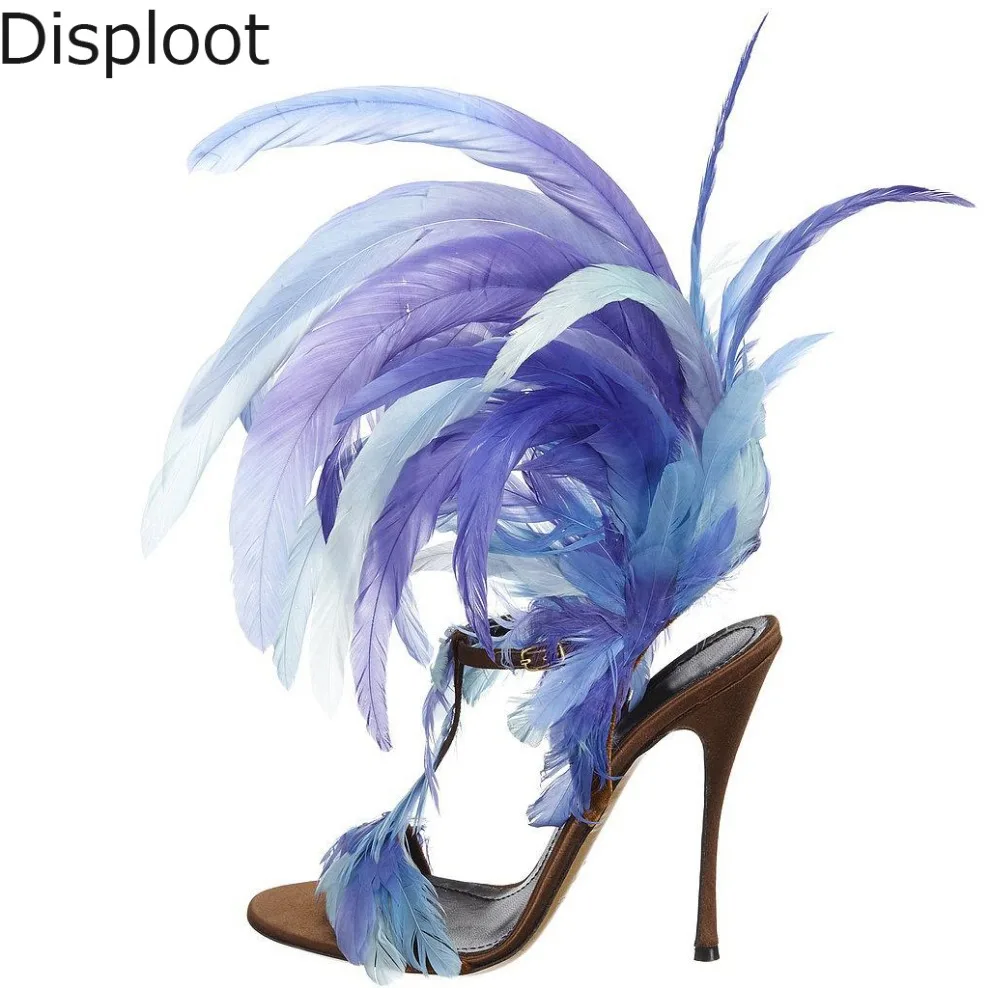 Summer Ladies Blue Purple Feather T-Strap Sandals Women Open Toe Sexy  Ankle Buckle Ladies Catwalk  Feather High Heels