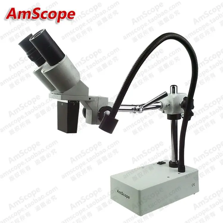 Microscopio estéreo binocular de lente fija compacta serie AmScope SE420 20X-40X en soporte de brazo de pluma + luz de incidente