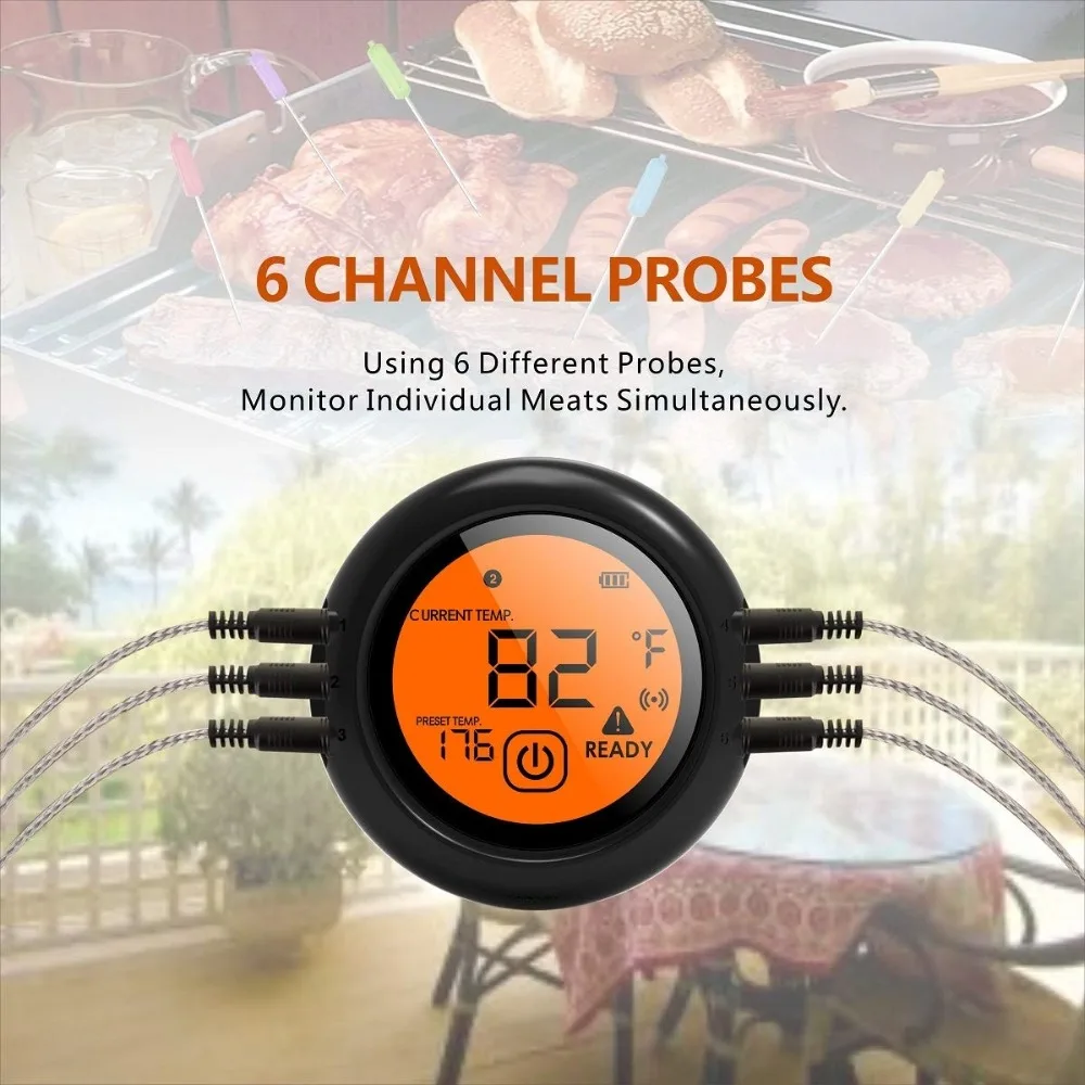 Meat Thermometer Wireless Bluetooth Oven Kitchen BBQ Grill Barbecue  Food Cooking Smoker Thermometer Remote 6 Probes