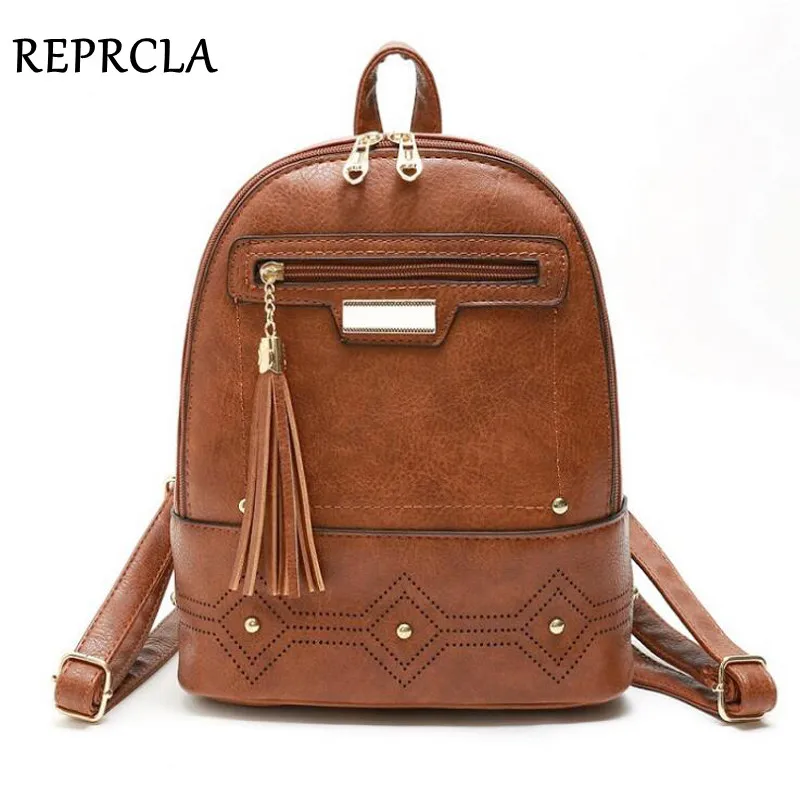 REPRCLA Vintage Women Backpack High Quality Leather Backpacks Tassel Bagpack Female Shoulder Bag Mochila Feminina School Bags