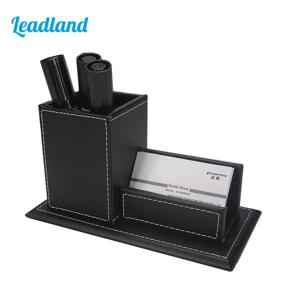 

PU Leather Pencil Holder with Business Card Holder Stand Square Pen Pot Box Office Accessories Desk Organizer