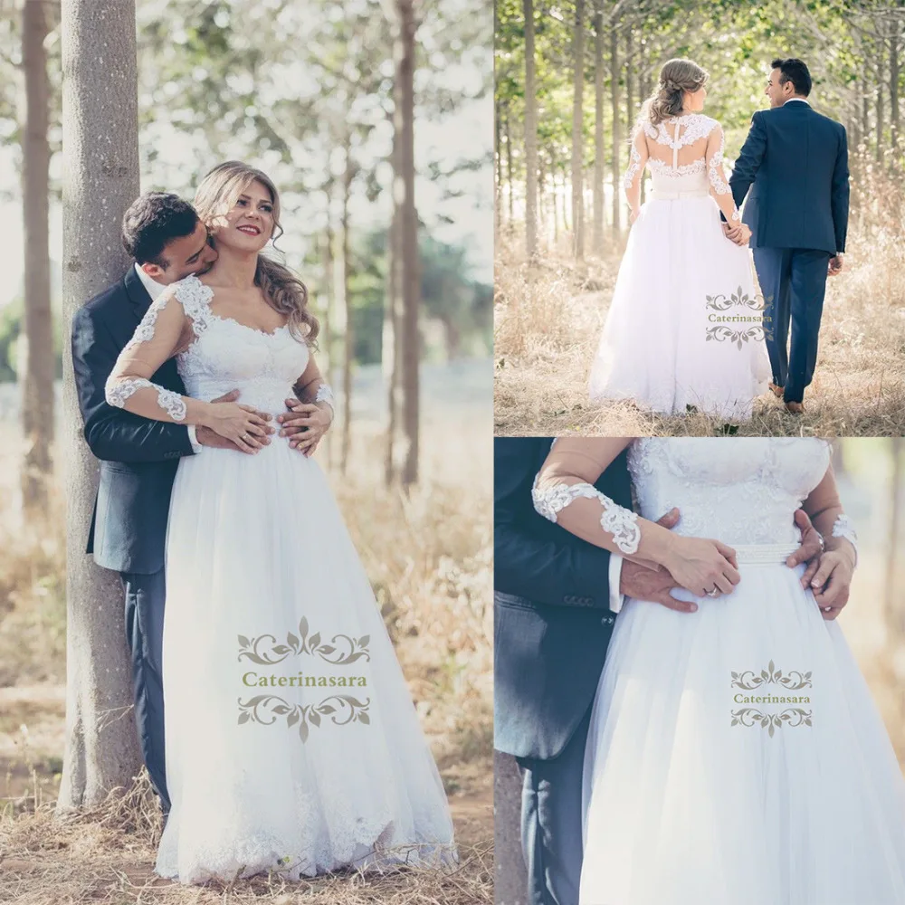 Vestido De novia De tul De manga larga con ilusión, ropa De novia con Apliques De encaje, Sexy, con cuentas y escote corazón