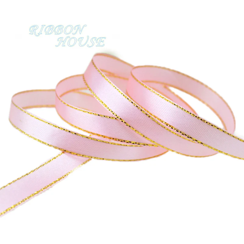 (25 yards/lot) 3/8\'\' (10mm) satin ribbons pink golden edge ribbon wholesale high quality gift packaging ribbons