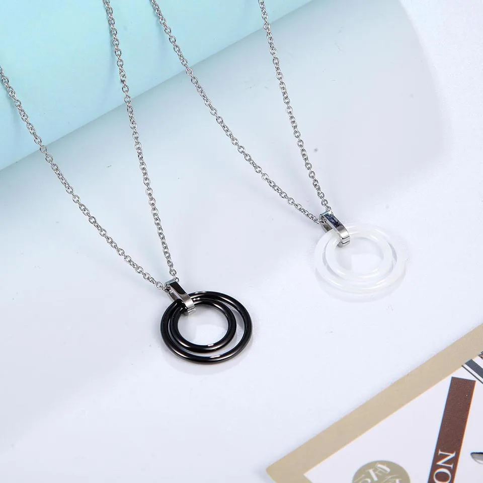 Fashion Black With White Ceramic Double Circle Pendants Necklace Stainless Steel Link Chain Choker Necklace Women Jewelry