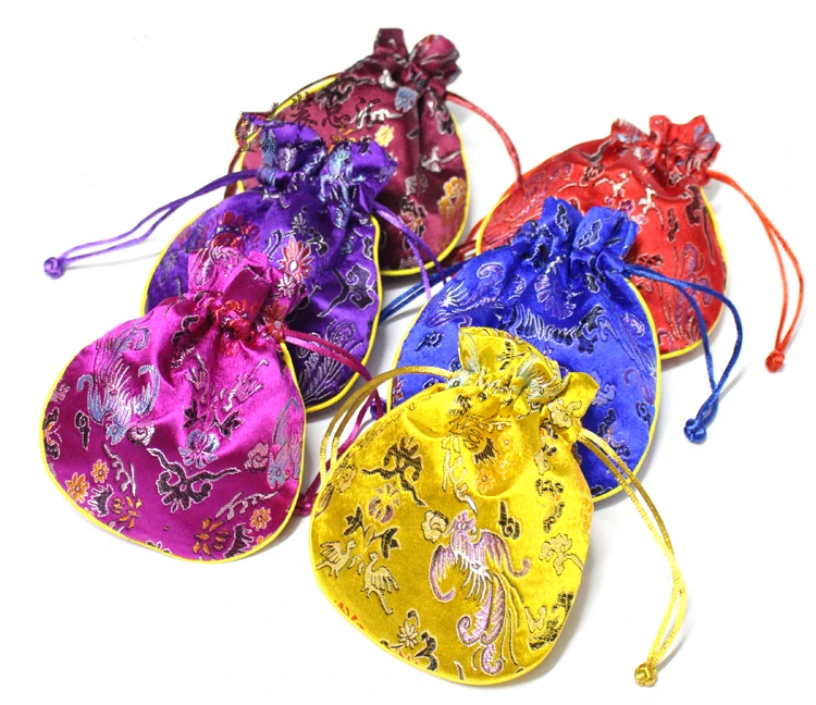 50pcs Dragon phoenix Chinese Style Small Gift Bag Silk Brocade Handmade Drawstring Jewelry Pouch Wholesale Spice Sachet Favor