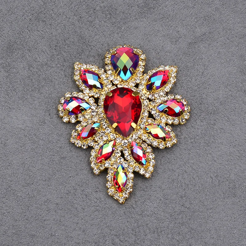 JUNAO 2pc 45*59mm Sewing Rose AB Glass Flower Rhinestone Gold Claw Crystal Applique With Setting Flatback Strass Sew On Stones