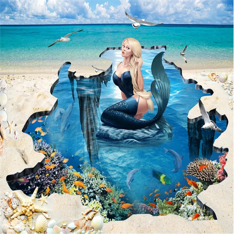 beibehang floor painted to the beach mermaid underwater world 3D wallpaper floor waterproof wear-resistant home decoration