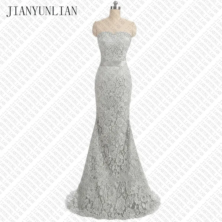 Vestido de dama sem costas sexy com fita, Long Silver Lace, Spaghetti Straps, Wedding Guest Vestidos