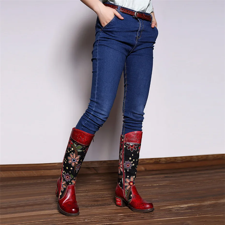Fashion Patchwork Western Cowboy Boots Women Shoes Bohemian Genuine Leather Shoes Woman Vintage Side Zip Knee High Riding Boots