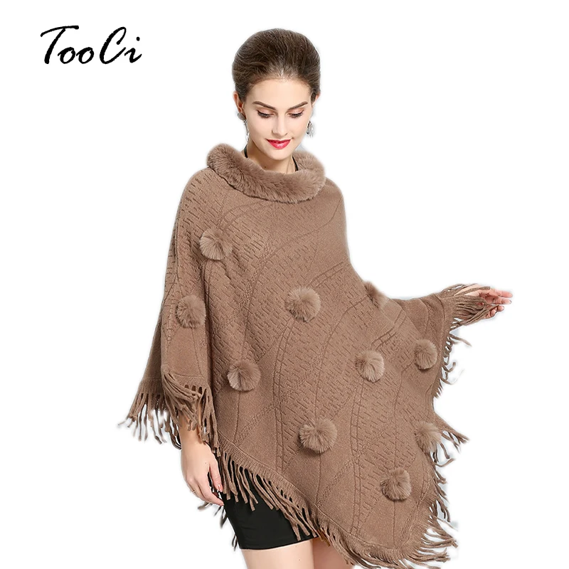 Khaki Women's Clothing Faux Fur Bat Sleeve Ponchos And Capes Round-Neck Knit Jacket Sweaters And Pullovers Faux Fur Coat Autumn