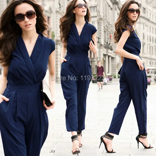 Fashion Wanita Sexy lady 3 Warna Lintas V-neck Kekaisaran Pinggang Tanpa Lengan Cocktail Party Evening Celana Panjang Jumpsuit Romper