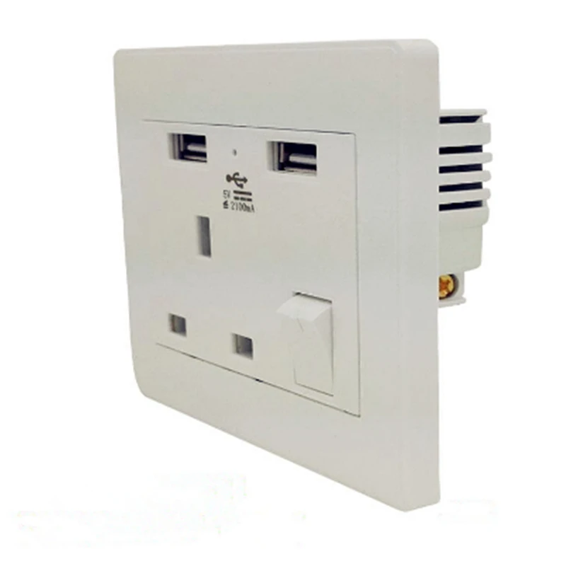 White 2 USB Wall Socket UK Plug Switch Power Supply Plate 2100mA Charger Home Socket Singapore, Hong Kong, Malaysia, UK