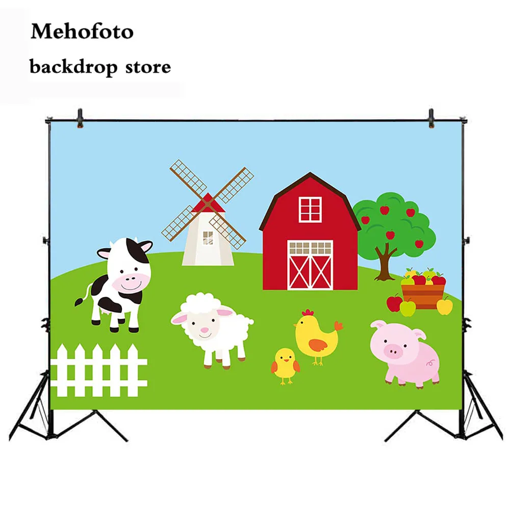  Farm theme photography backdrop Red Barn Barnyard Tractor Balloons Animals Fence Garden Custom photo backgrounds 502