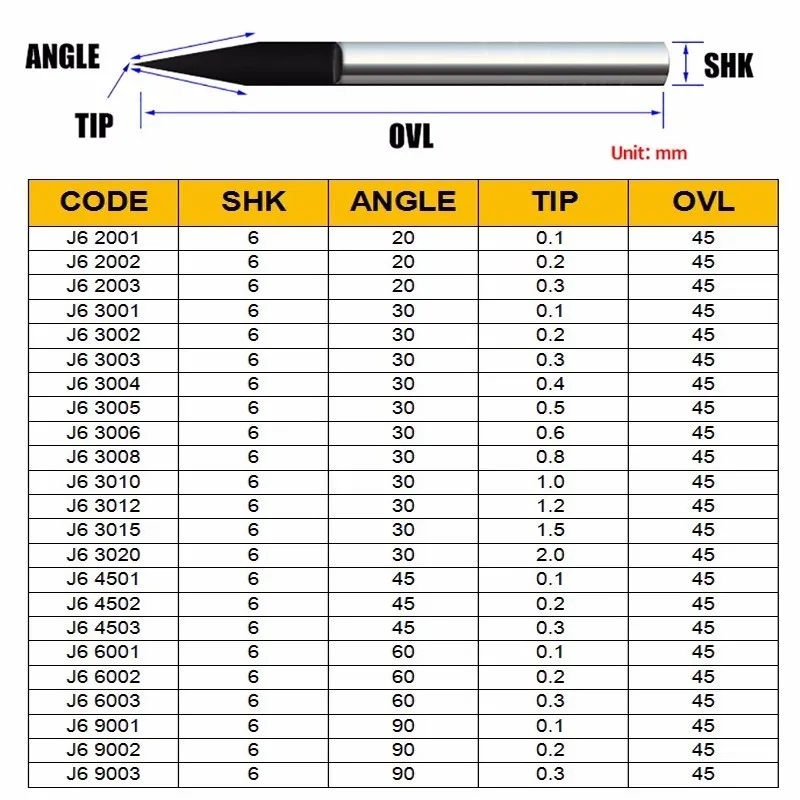 1pc 6mm Flat Bottom Engraving Bits 45-50mm Lengthened CNC Router Tools V Carbide Carving Cutters Degree 20 25 30 60 90