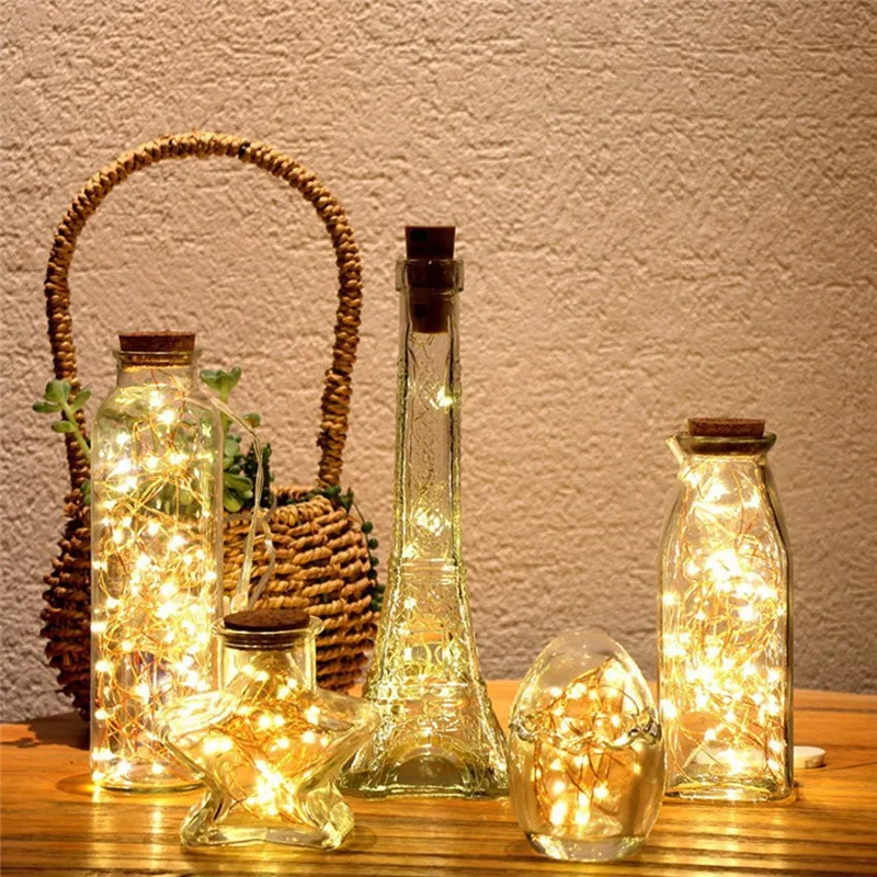 Guirnalda de luces LED, alambre de cobre, corcho, luces de hadas, botella de vino, decoración de San Valentín, boda, hogar y Navidad