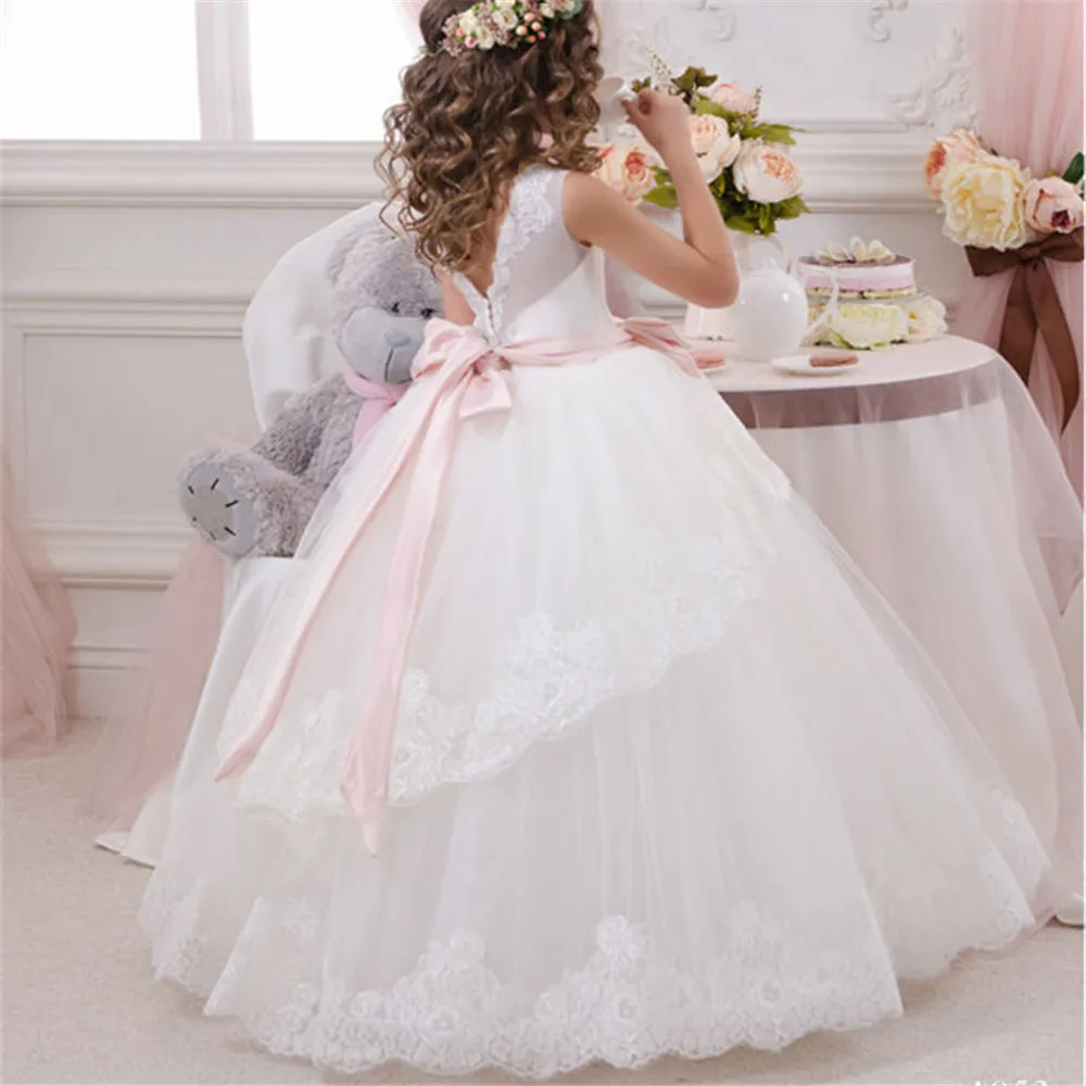 New  Flower Girls Dresses Lace Appliques Cap Sleeve Ball Gowns Beading Floor Length Pageant First Communion Dresses Wedding Gow